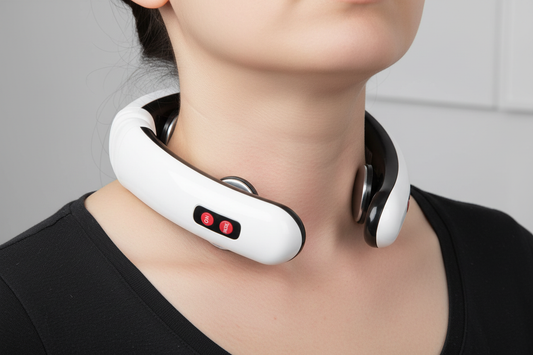 Close-up masajeador cervical puesto en cuello